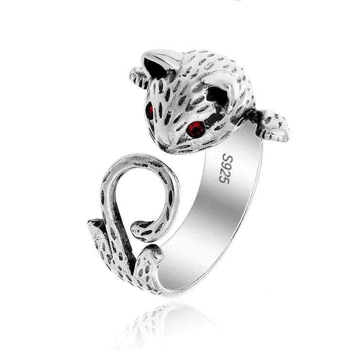 Verstellbarer handbemalter Katzenring aus 925 Sterling Silber