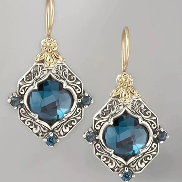 Vintage Blaue Kristall Gold Ohrringe