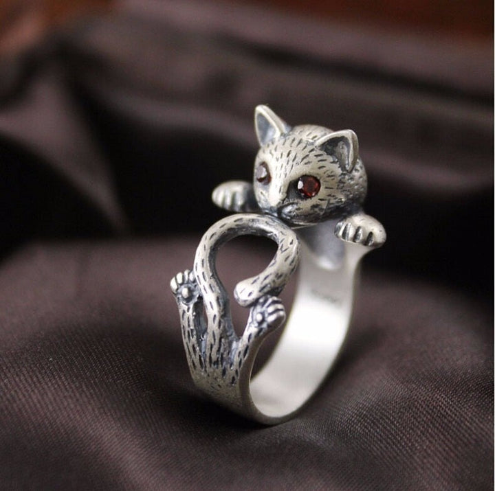 Verstellbarer handbemalter Katzenring aus 925 Sterling Silber
