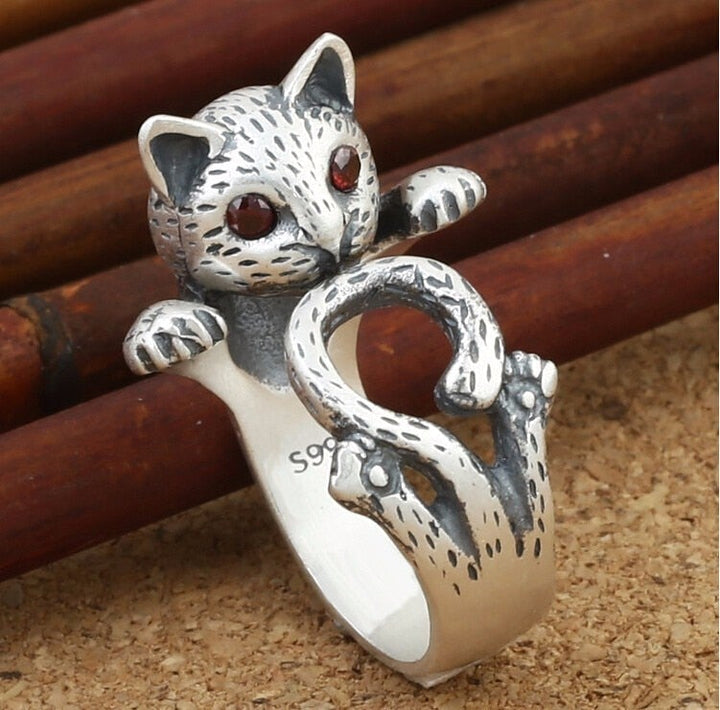 Verstellbarer handbemalter Katzenring aus 925 Sterling Silber
