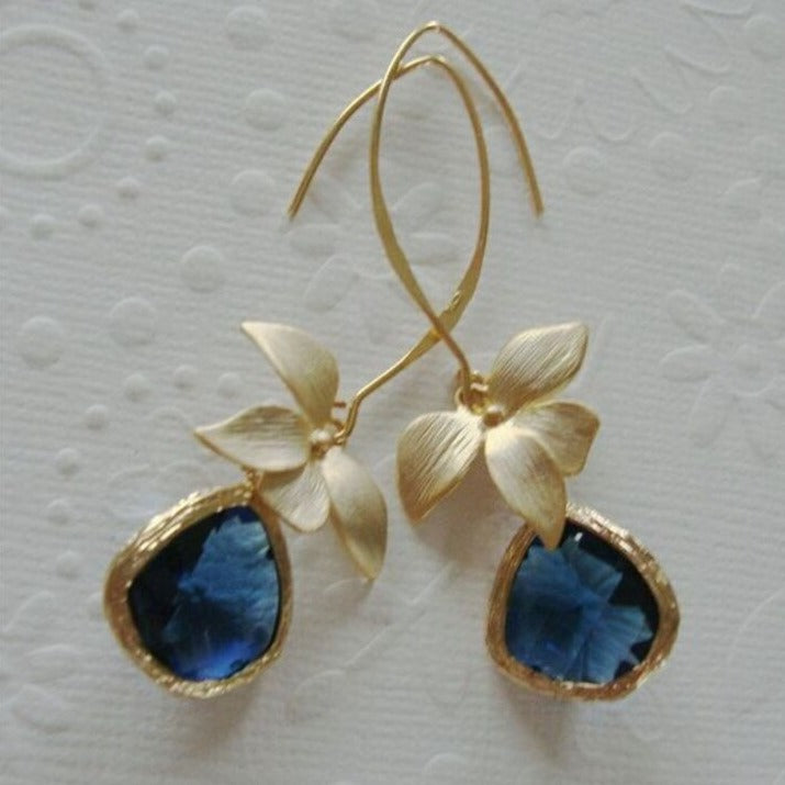 Vintage Blau Goldene Blüten Ohrringe
