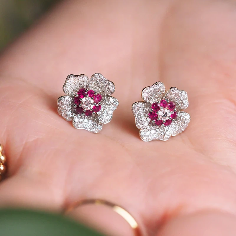 Vintage Rote Blumen Zirkonia Ohrringe