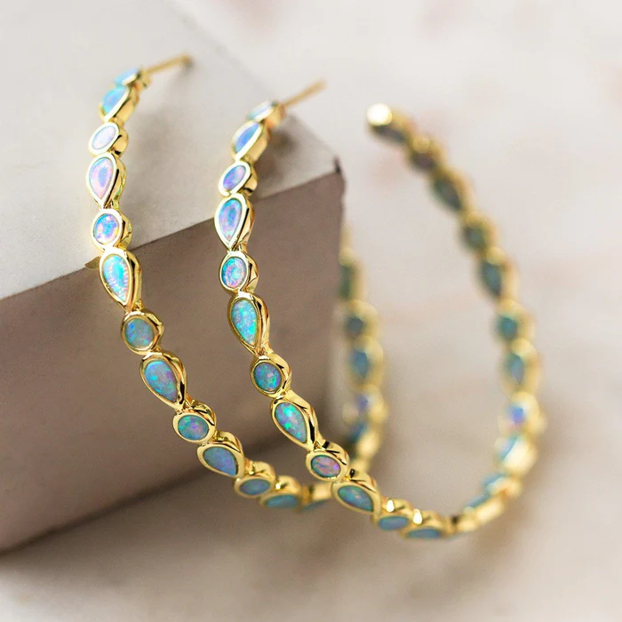 Vintage Blaue Opal Goldene Creolen