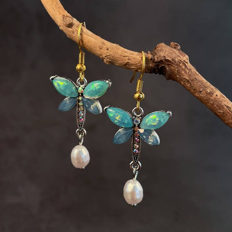 Vintage Grüner Opal Perle Schmetterling Ohrringe