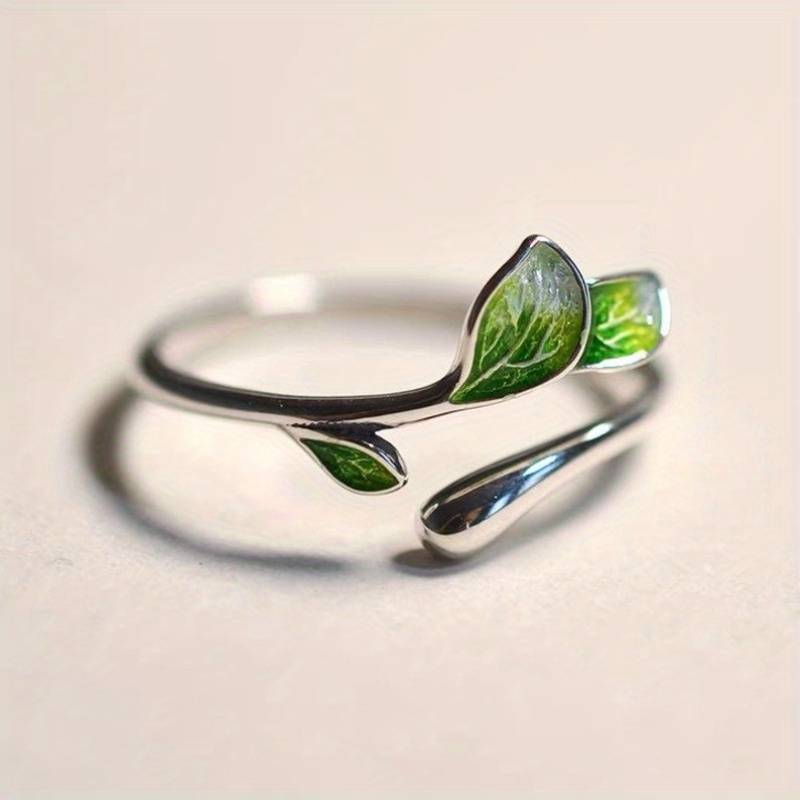 Vintage Grüner Emaille Blatt Ring