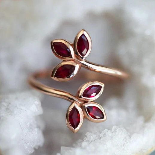 Vintage Roter Kristall Blatt Rose Gold Ring