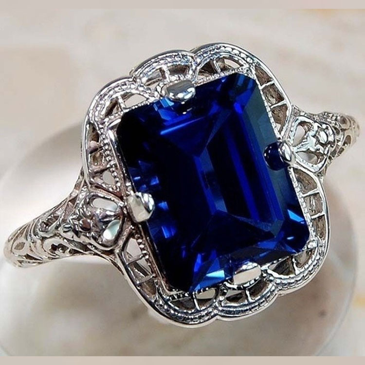 Vintage Einlegearbeit Blauer Glas Silberring