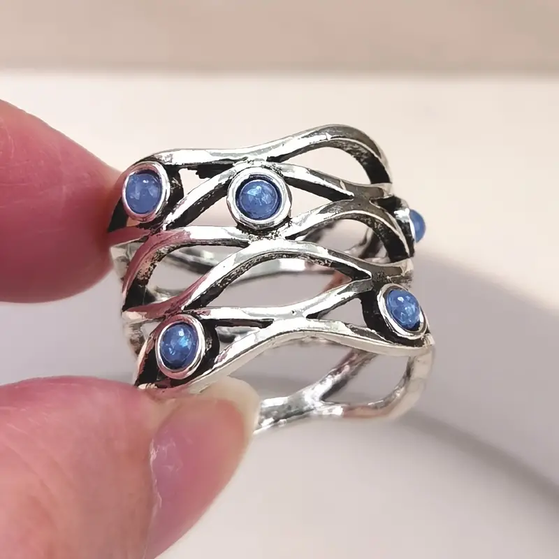 Vintage Geschichteter Einlege-Ring mit Blauer Stein und Silber