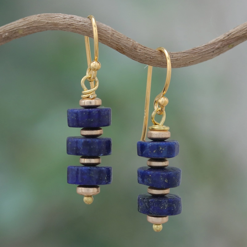 Vintage Blaue Hängende Steine Gold Ohrringe