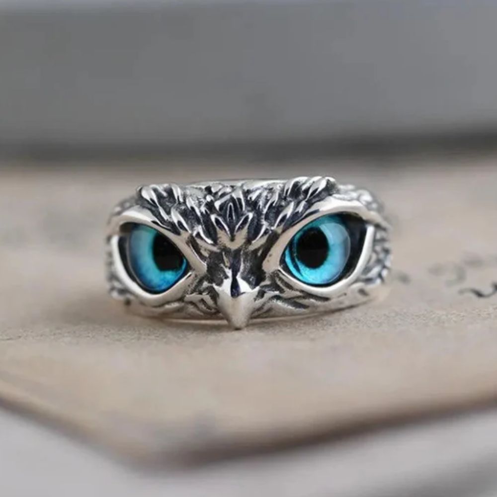 Eule des Glücks Verstellbarer Ring aus Silber und Opal