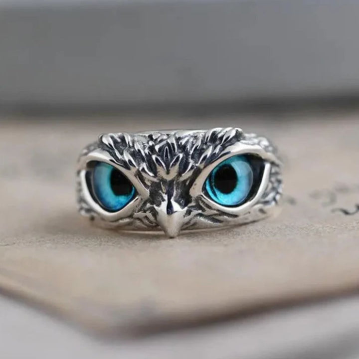 Eule des Glücks Verstellbarer Ring aus Silber und Opal
